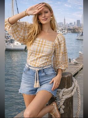 Anthropologie NWT Maeve Plaid Square-Neck Blouse size XS.